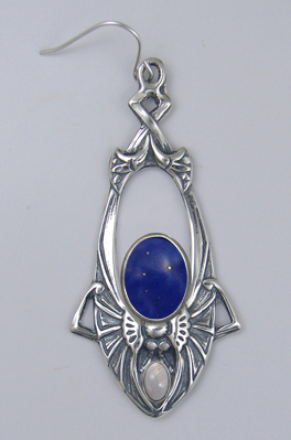 Sterling Silver Dramatic Art Deco Drop Dangle Earrings With Lapis Lazuli And Rainbow Moonstone